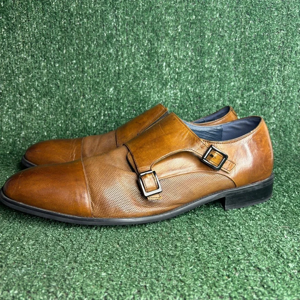Stacy Adams Leather Textured Cap Toe Double Monk Strap Shoes Brown Mens Size 14M